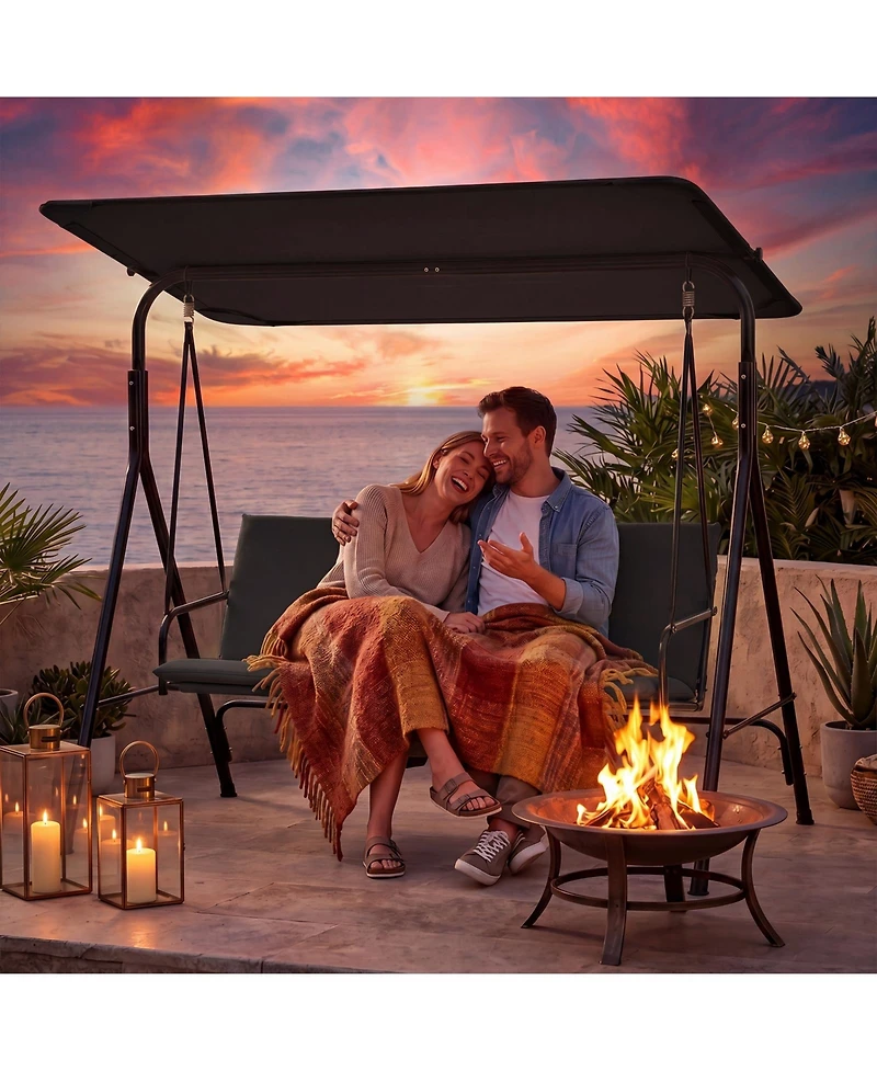 Gymax 3-Seat Outdoor Patio Swing Chair w/ ArmrestsAdjustable Tilt Canopy and Stand