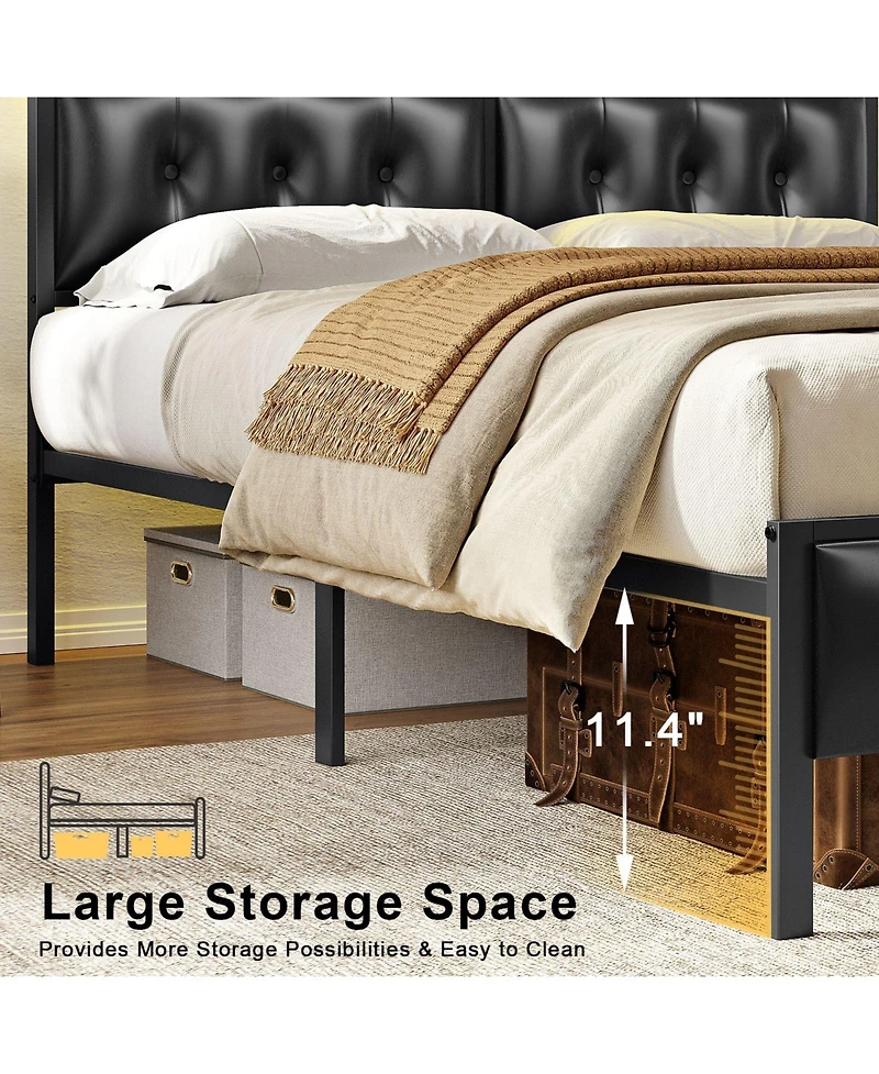 Hausource Queen Bed Frame with Storage Headboard & Charging Station Platform Bed No Box Spring Needed
