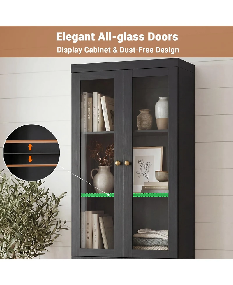 Aheaplus Storage Cabinet with Glass Doors, Wooden Bookcase with Shelves