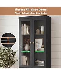 Aheaplus Storage Cabinet with Glass Doors, Wooden Bookcase with Shelves