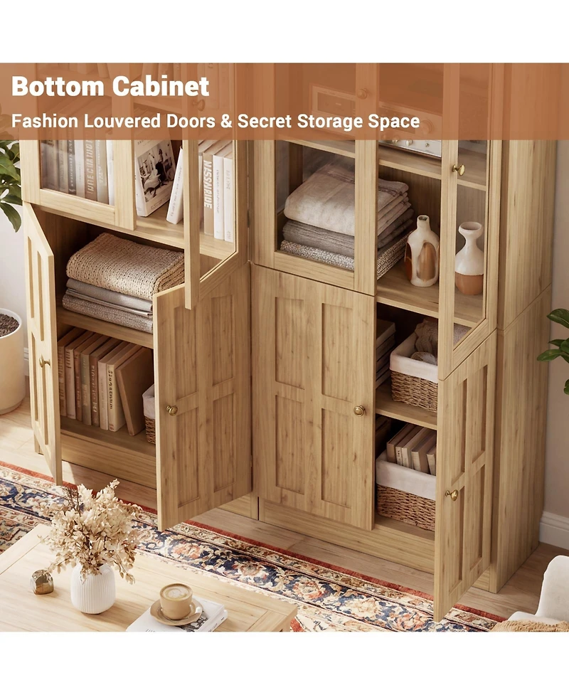 Aheaplus Storage Cabinet with Glass Doors, Wooden Bookcase Shelves