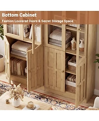 Aheaplus Storage Cabinet with Glass Doors, Wooden Bookcase Shelves