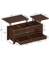homfan Lift-Top Coffee Table with 2 Drawers, Hidden Compartment and Open Shelf, Convertible Living Room Center Table, Engineered Wood