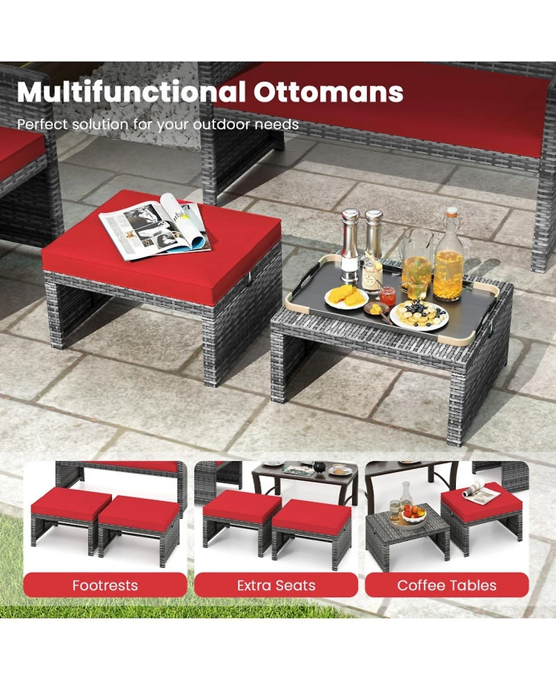 Sugift Set of 2 Patio Rattan Ottomans with Soft Zippered Cushions