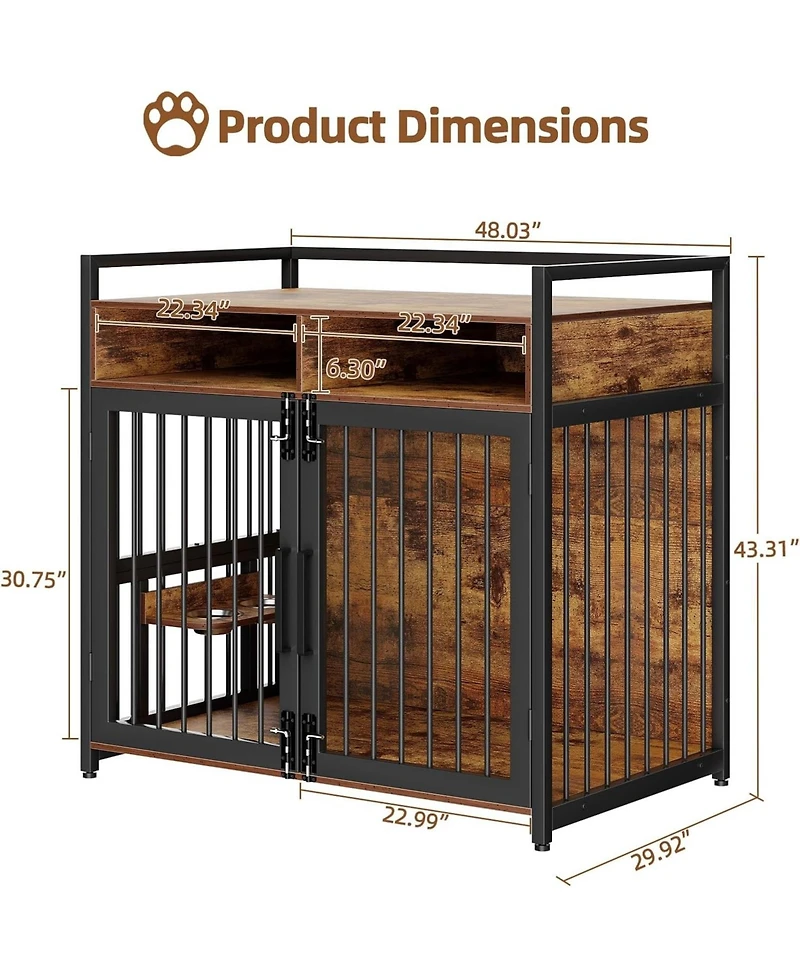 gaomon 48'' Heavy Duty Wooden Dog Crate Furniture for Large or Medium Dogs Double Doors, 2 Storage Drawers, 360degree(s) Swivel Raised Feeder