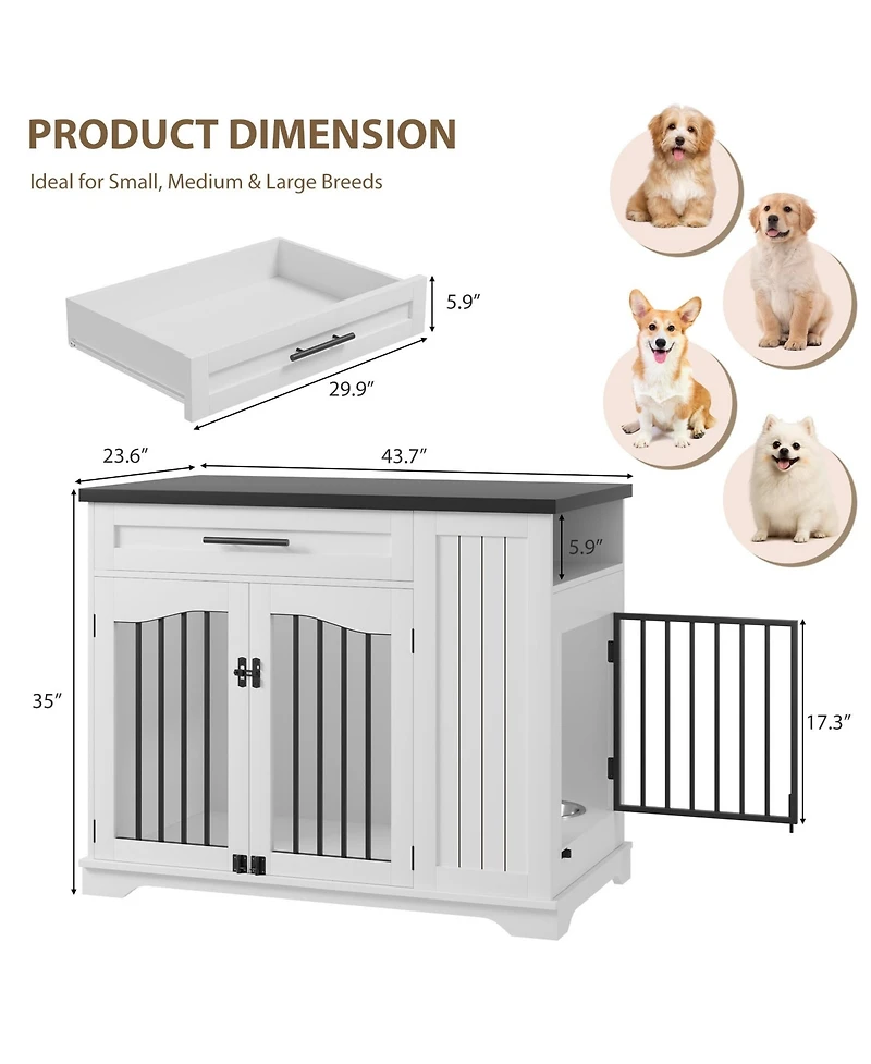 gaomon 44 Inch Heavy Duty Wooden Dog Crate Furniture with Drawer, Side Storage and Built-In Feeding Station Modern Kennel End Table for Large Dogs