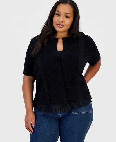 And Now This Trendy Plus Short-Sleeve Pointelle Lace-Hem Cardigan, Macy's Exclusive