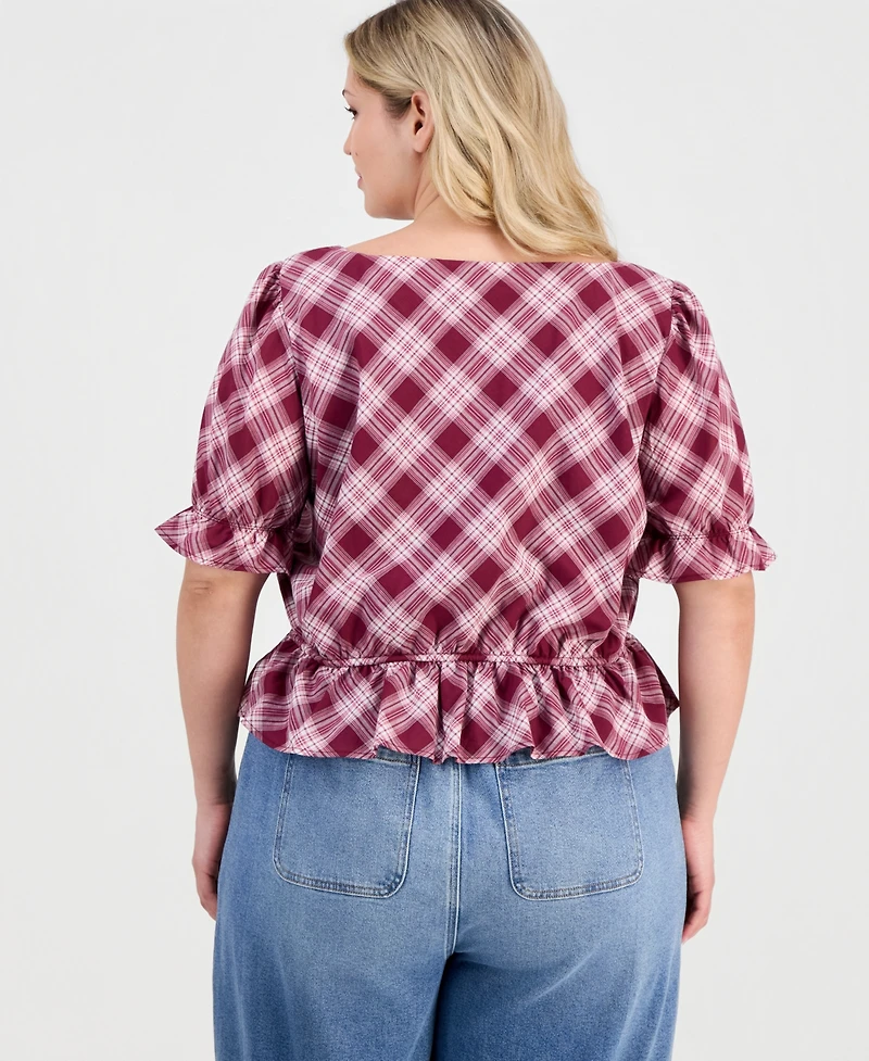 And Now This Trendy Plus V-Neck Button-Front Cotton Peplum Top, Macy's Exclusive