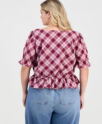 And Now This Trendy Plus V-Neck Button-Front Cotton Peplum Top, Macy's Exclusive