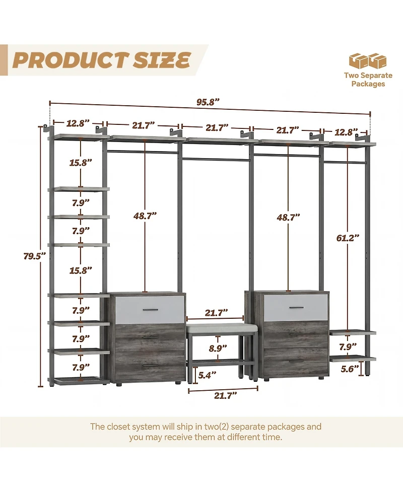 Aheaplus Heavy Duty Closet Organizer System with 6 Drawers, 96 Inch Walk Clothes Rack 14 Shelves, 1200 lbs Capacity