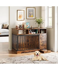 gaomon 48 Inch Large Dog Crate Furniture, Farmhouse Dog Kennel with Dog Bowl, 3 Open Drawers, Heavy Duty Dog Crate Table for Large Medium Dogs