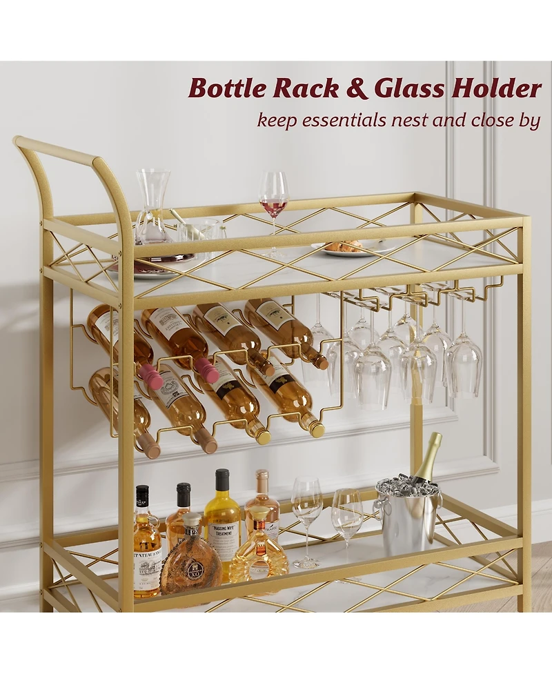 homfan Gold 2-Tier Bar Cart with Wheels, White Marble Finish Shelf, Wine Rack and Glass Holder for Kitchen
