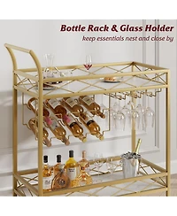 homfan Gold 2-Tier Bar Cart with Wheels, White Marble Finish Shelf, Wine Rack and Glass Holder for Kitchen