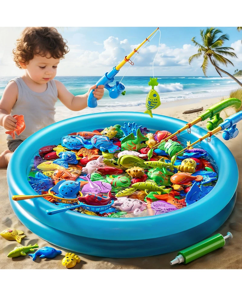 Gnuadz Fishing Game Pool Toy with Rod Net Floating Fish for Kids