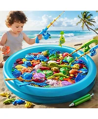 Gnuadz Fishing Game Pool Toy with Rod Net Floating Fish for Kids