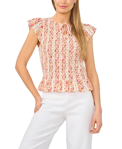 CeCe Women's Printed Tie-Neck Smocked Top