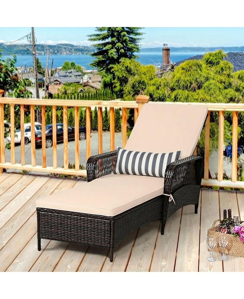 Sugift Pe Wicker Chaise Lounge with 6-Gear Adjustable Backrest and Lumbar Pillow
