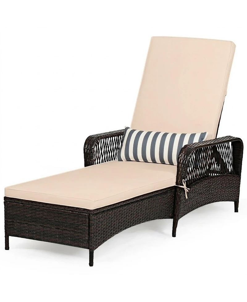 Sugift Pe Wicker Chaise Lounge with 6-Gear Adjustable Backrest and Lumbar Pillow