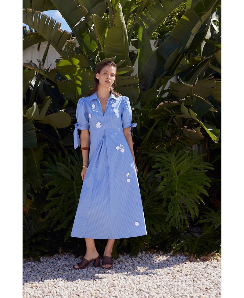 English Factory Women's Flower Trim Striped Midi Dress