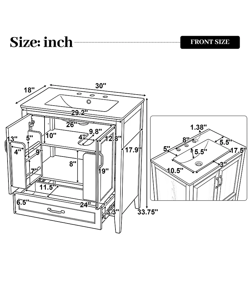 Busdays Bathroom Vanity with Ceramic Sink Solid Wood Legs Soft Close Double Doors Drawer Adjustable Shelf Door Organizers