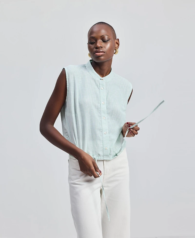 Reistor Women's Button-down Shirt with Waist Drawstring in Stripes