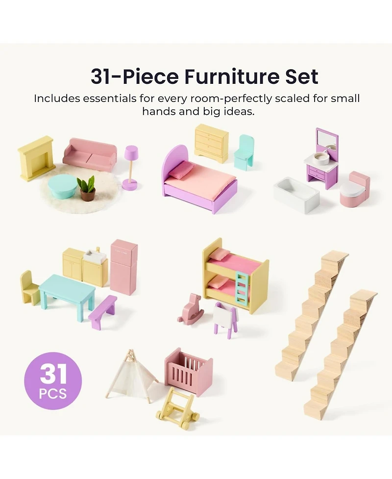 Tiny Land Wooden Dollhouse for Girls - Diy Pretend Play Doll House with 31Pcs Furniture Accessories