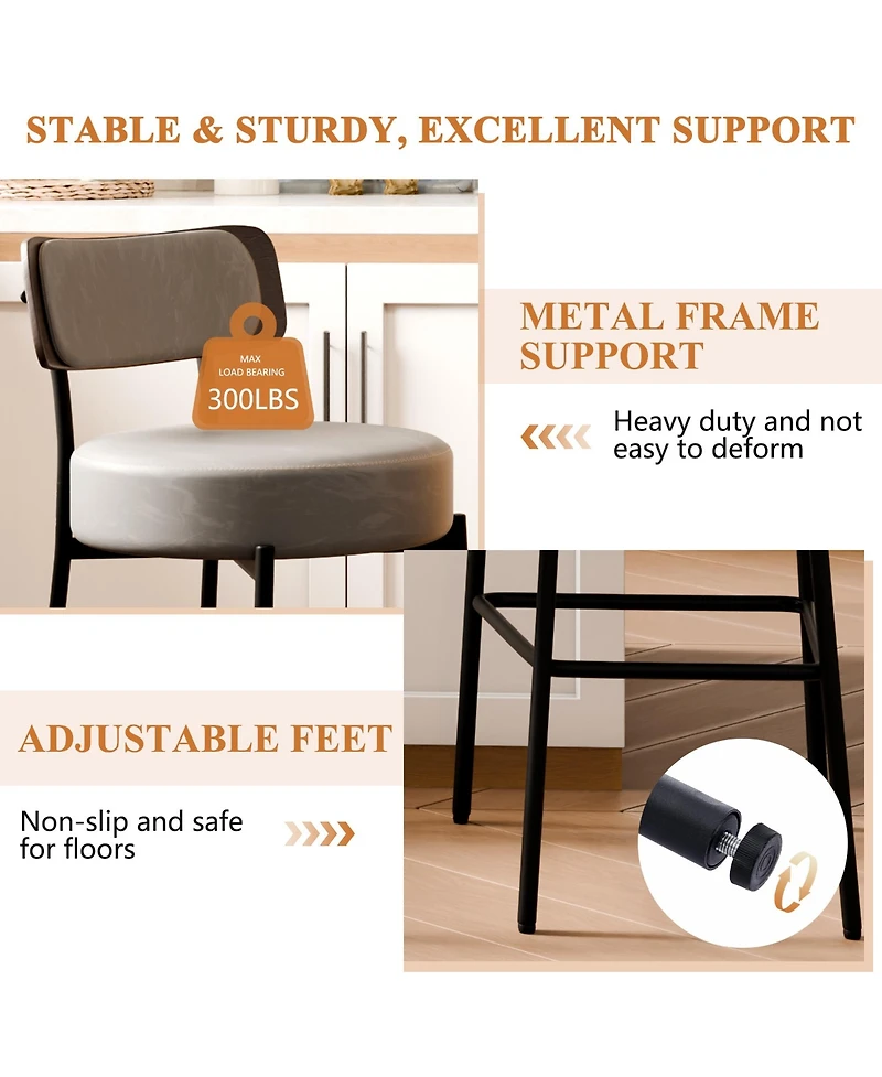Dyhome 24 inches Bar Stools Set of 2, Counter Height Bar Stools with Leather Pad Wood Back