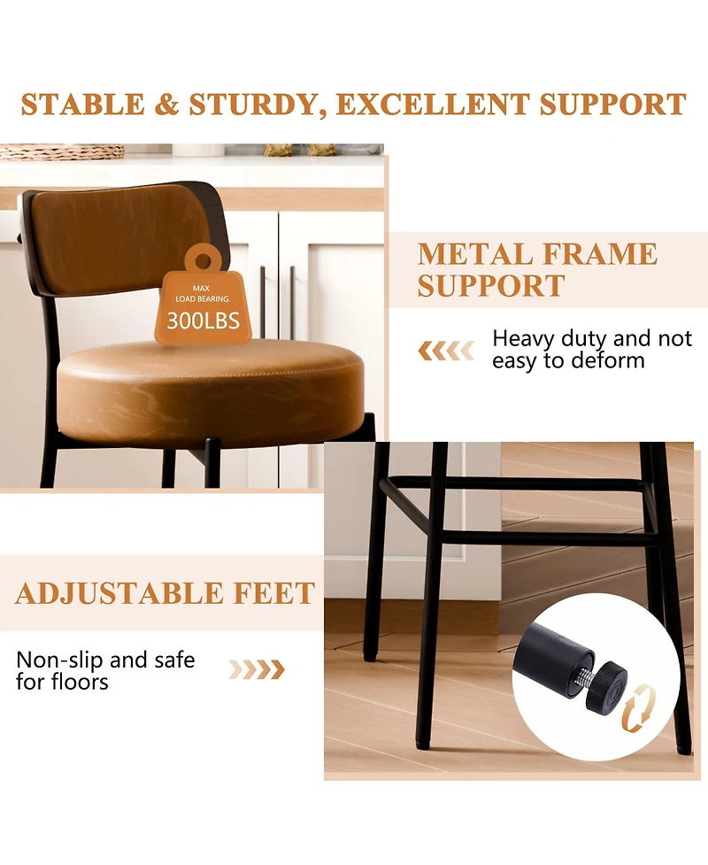 Dyhome 24 inches Bar Stools Set of 3, Counter Height with Leather Pad Wood Back