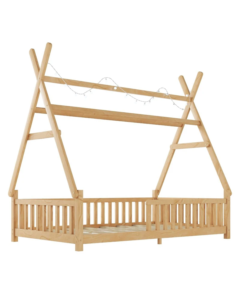 Streamdale Furniture Kids House Bed with Light, Low Floor, Fence and Roof