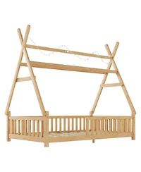 Streamdale Furniture Kids House Bed with Light, Low Floor, Fence and Roof