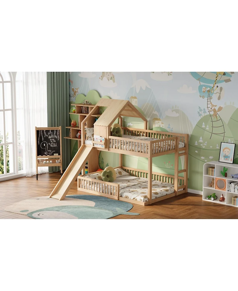 Streamdale Furniture Wood Floor House Bunk Bed with Slide and Ladder