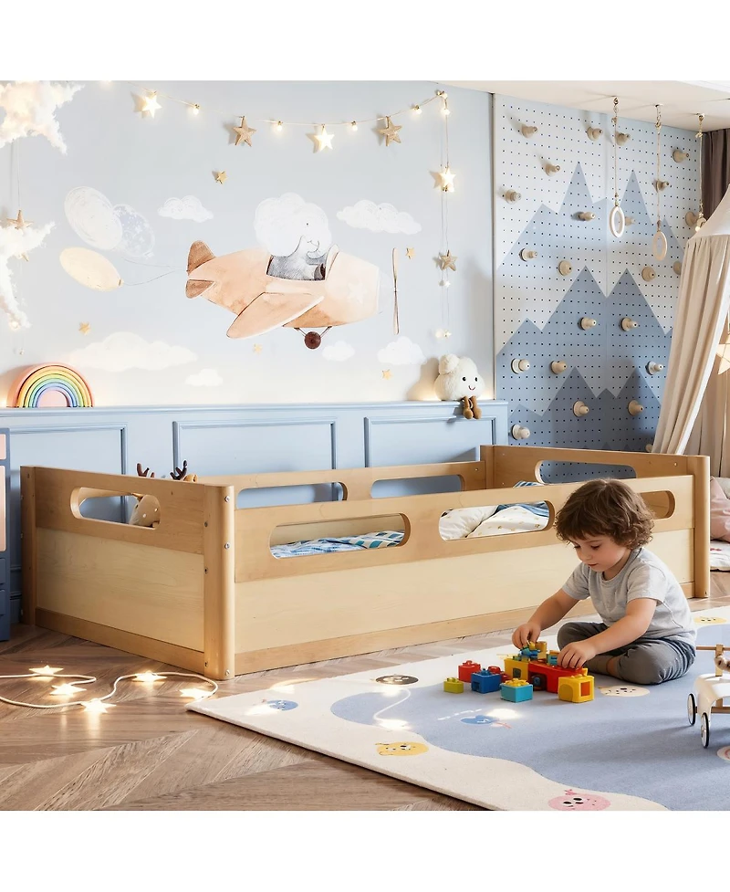Streamdale Furniture Floor Platform Bed with Guardrails, Low Profile, No Box Spring Needed
