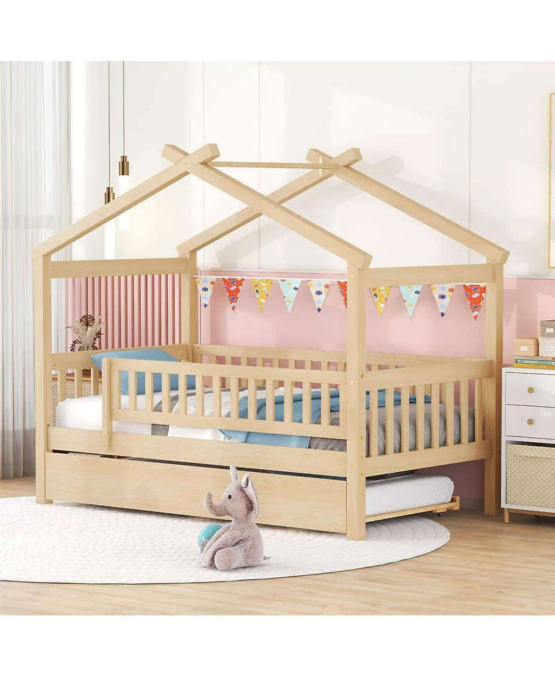 Streamdale Furniture Twin Size Wooden House Bed with Twin Size Trundle
