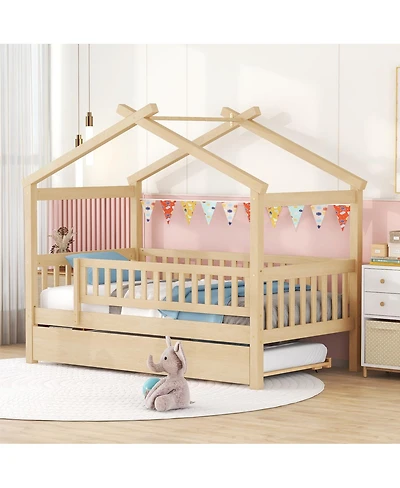 Streamdale Furniture Twin Size Wooden House Bed with Twin Size Trundle