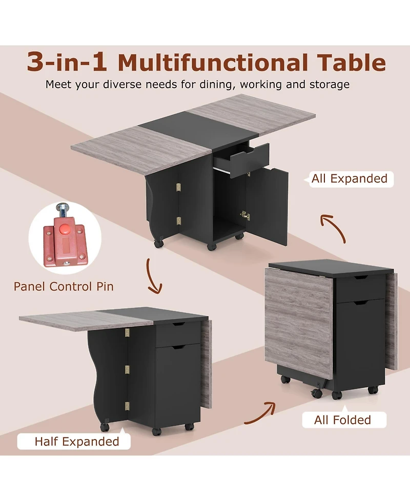 Sugift Three in One Folding Dining Table with Drop Leaf and Wheels