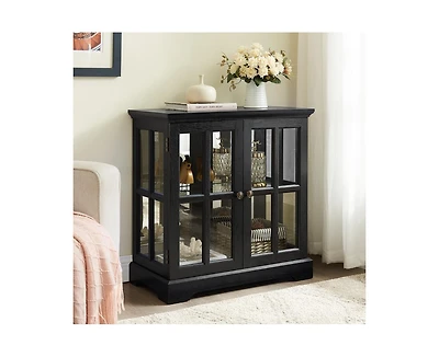 Retro Two-Door Glass Display Cabinet Remote Control Led Color-Changing Curio with Magnetic Doors and Adjustable Shelves