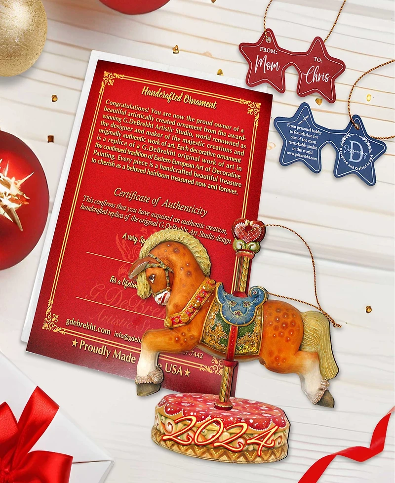 Designocracy Dated Carousel Horse Christmas Wooden Ornaments Holiday Decor Set of 2 G. DeBrekht