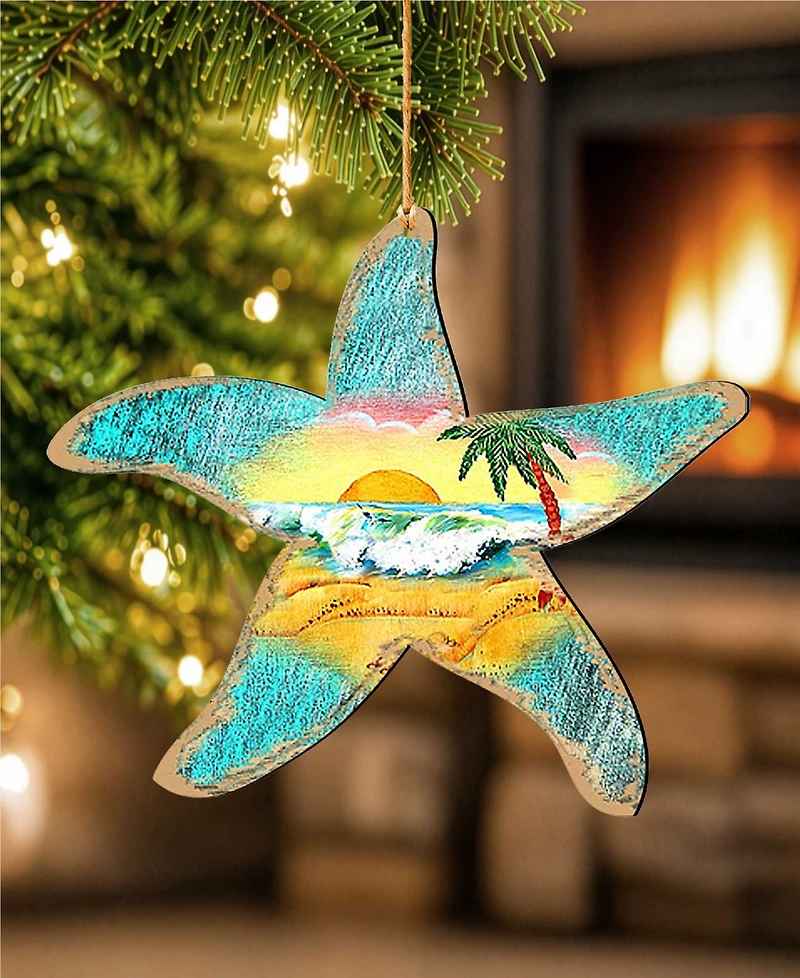 Designocracy Starfish Scenic Wood Christmas Ornament