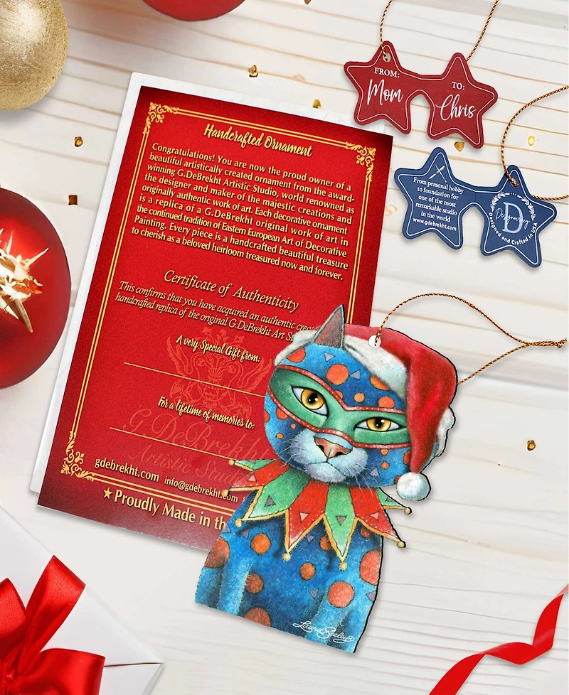 Designocracy Mardi Gras Santa Cat Wooden Ornament by Laura Seeley Pets Decor Set of 2