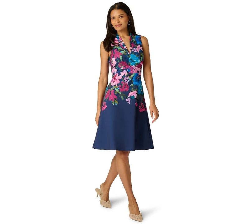 Adrianna Papell Women's Border Floral Collar Midi Dress