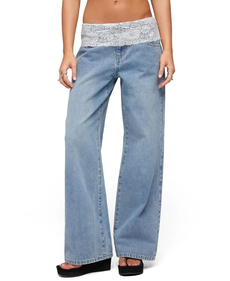 Edikted Women's Lacey Foldover Low Rise Baggy Jeans