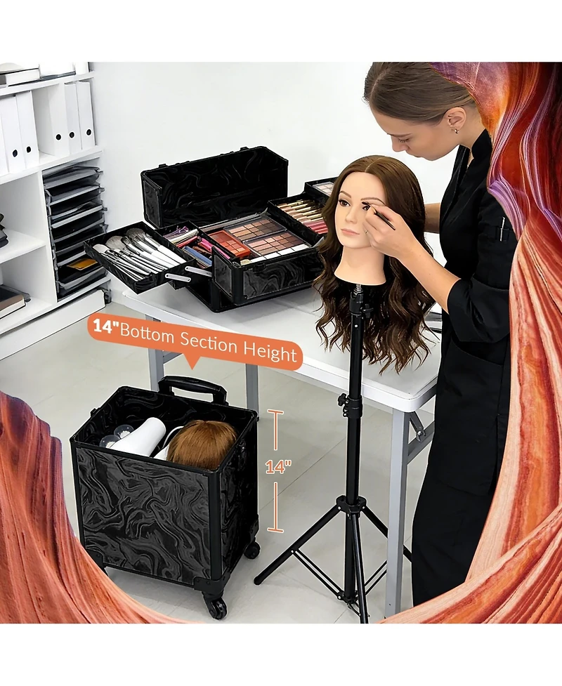 Byootique 4in1 Rolling Makeup Case with 2 Makeup Brush Bag, Cosmetic Train Case on Wheels for Makeup Artist Travel Hairstylist