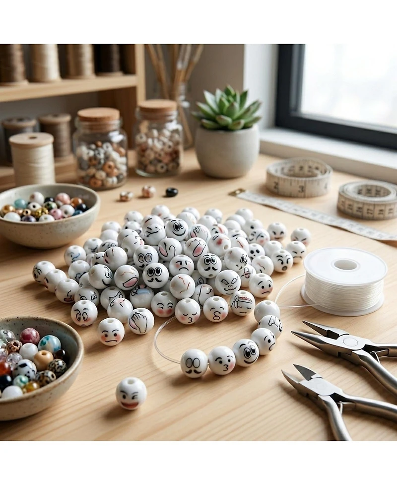 Sevorley 50Pcs White 12mm Ceramic Expression-Face Loose Beads for Diy Jewelry