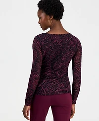 I.n.c. International Concepts Women's Petite Long-Sleeve Ruched Mesh Blouse, Macy's Exclusive