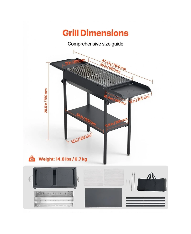 Cozito Foldable Charcoal Grill with Adjustable Height and Folding Side Tables