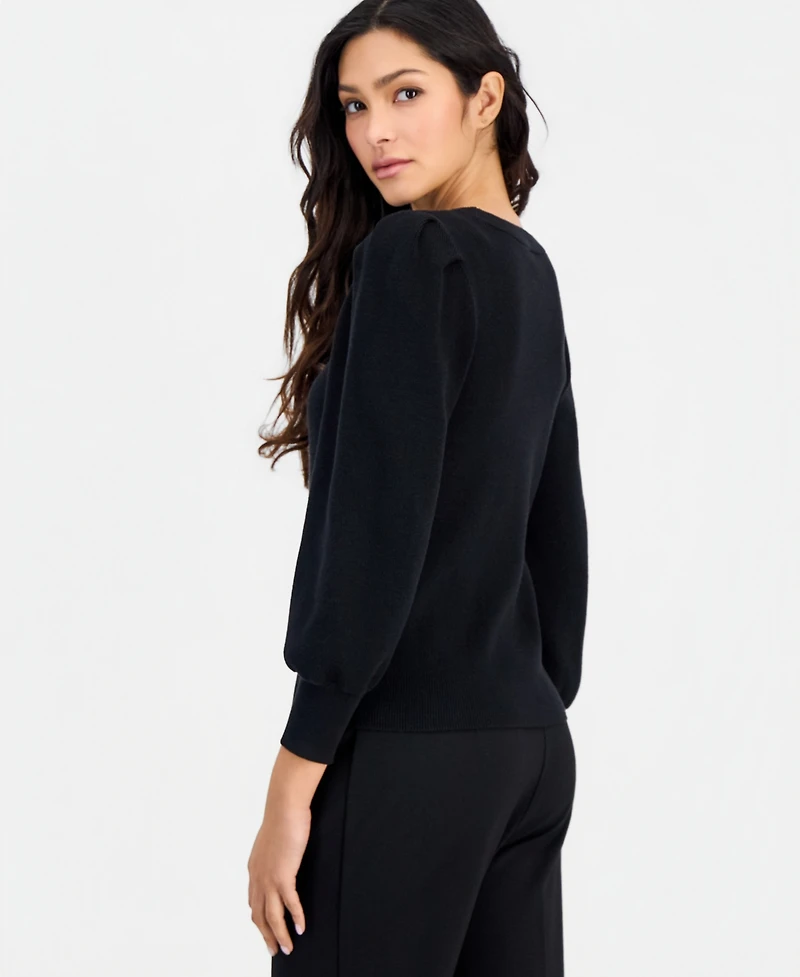 Anne Klein Essentials Petite Long-Puff-Sleeve Crewneck Sweater