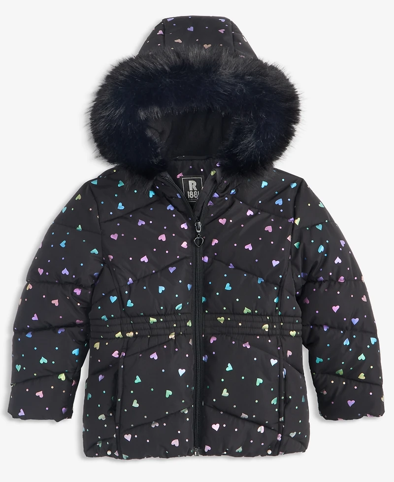 S Rothschild & Co Girls' 2T-6X Foil Quilted Puffer Jacket With Faux-Fur-Trim Hood