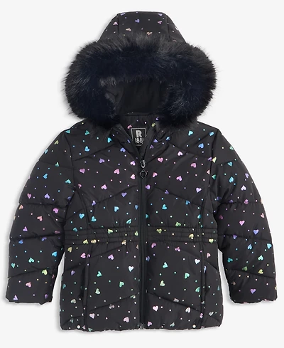 S Rothschild & Co Girls' 2T-6X Foil Quilted Puffer Jacket With Faux-Fur-Trim Hood