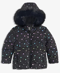 S Rothschild & Co Girls' 2T-6X Foil Quilted Puffer Jacket With Faux-Fur-Trim Hood