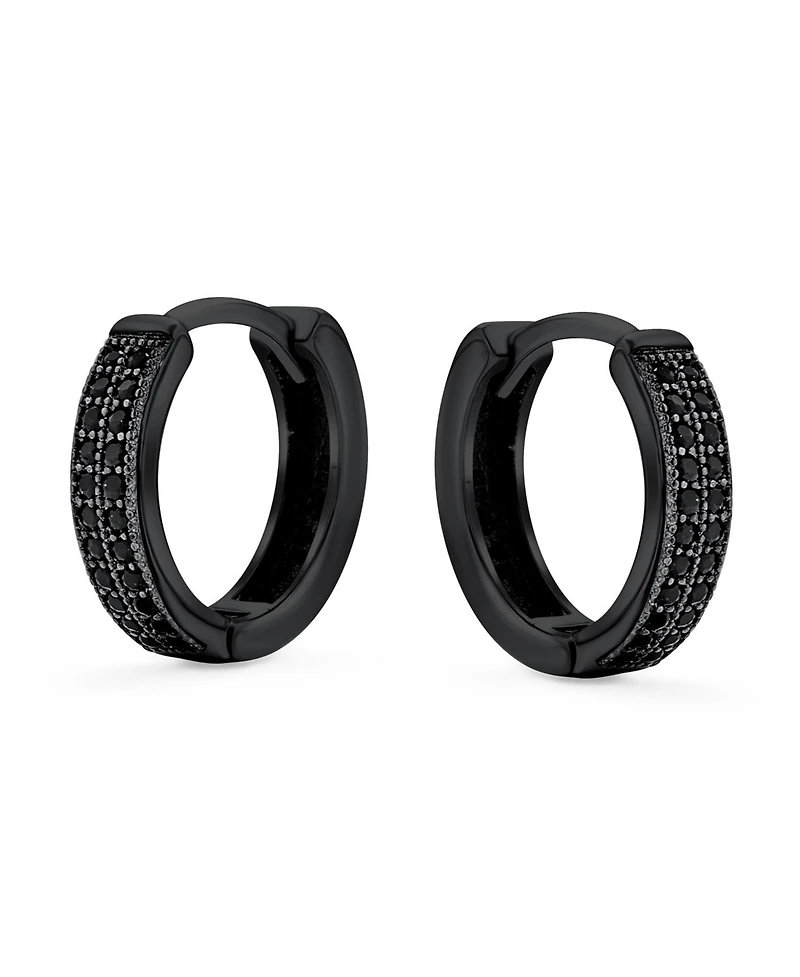 Bling Jewelry Black Pave Cz Cubic Zirconia Micro 2 Row Huggie Hoop Earrings Ip Sterling Silver .30 Diameter